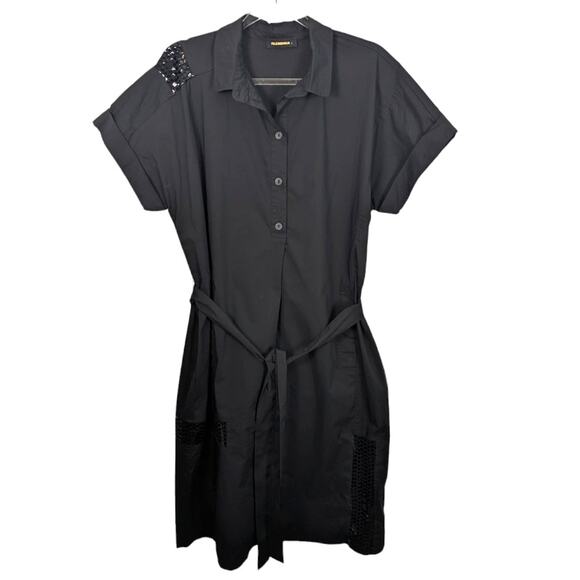 Alembika Black Shirt Dress Midi Sequins Short Sleeve Lagenlook Size L - Picture 1 of 11